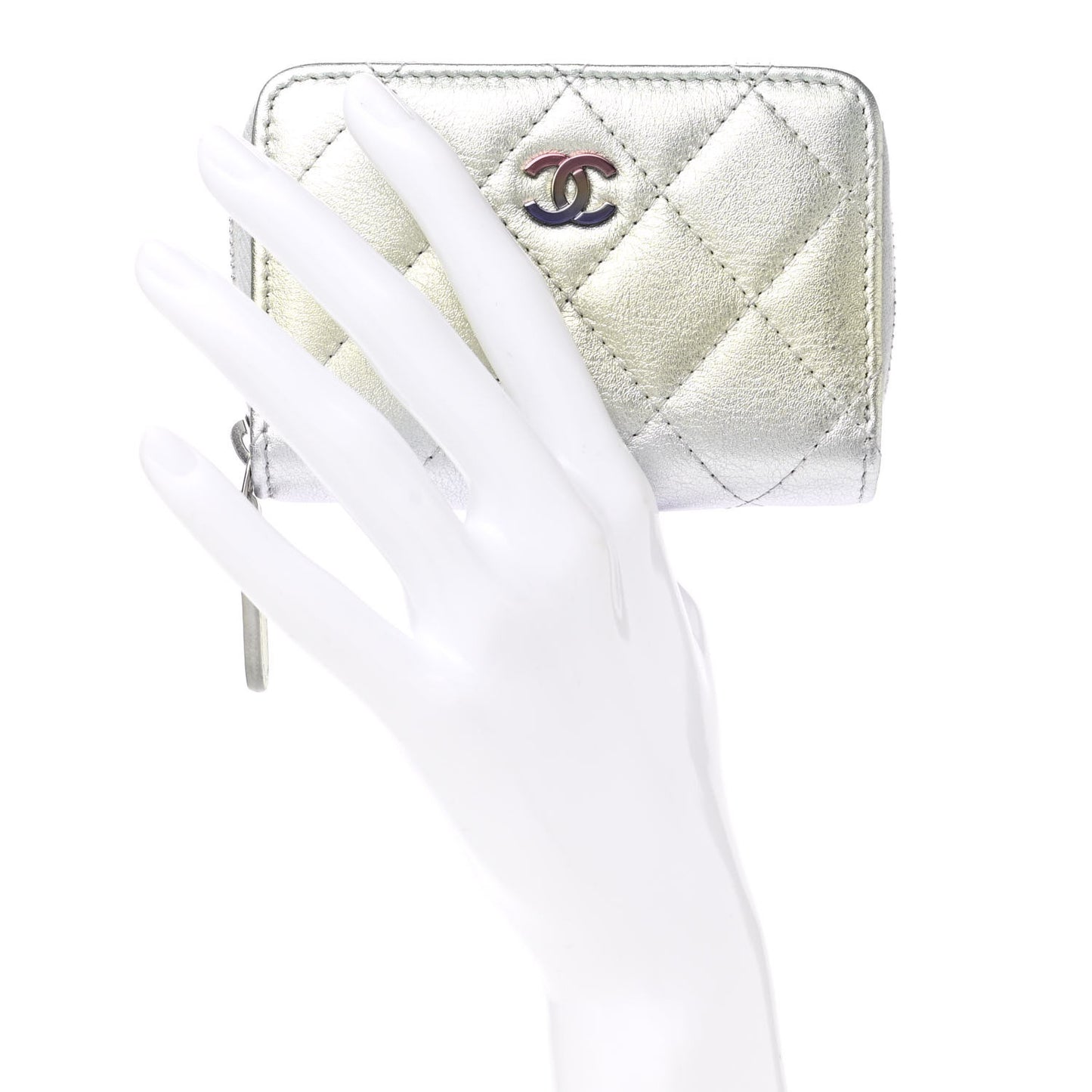 Gradient Metallic Calfskin Quilted Zip Around Coin Purse Wallet Silver Blue Yellow Purple