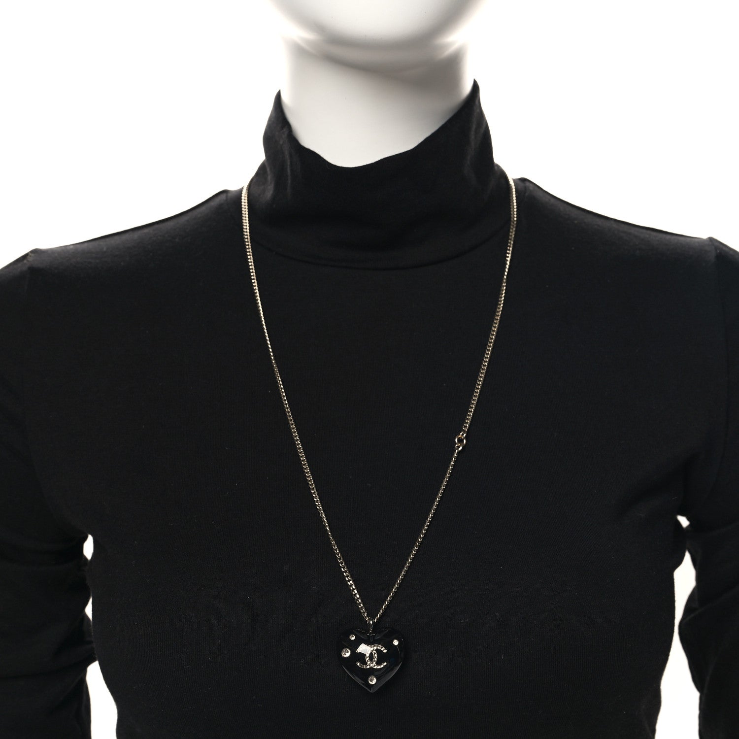 Chanel Resin Crystal CC Heart Necklace Black Gold 2 of 5