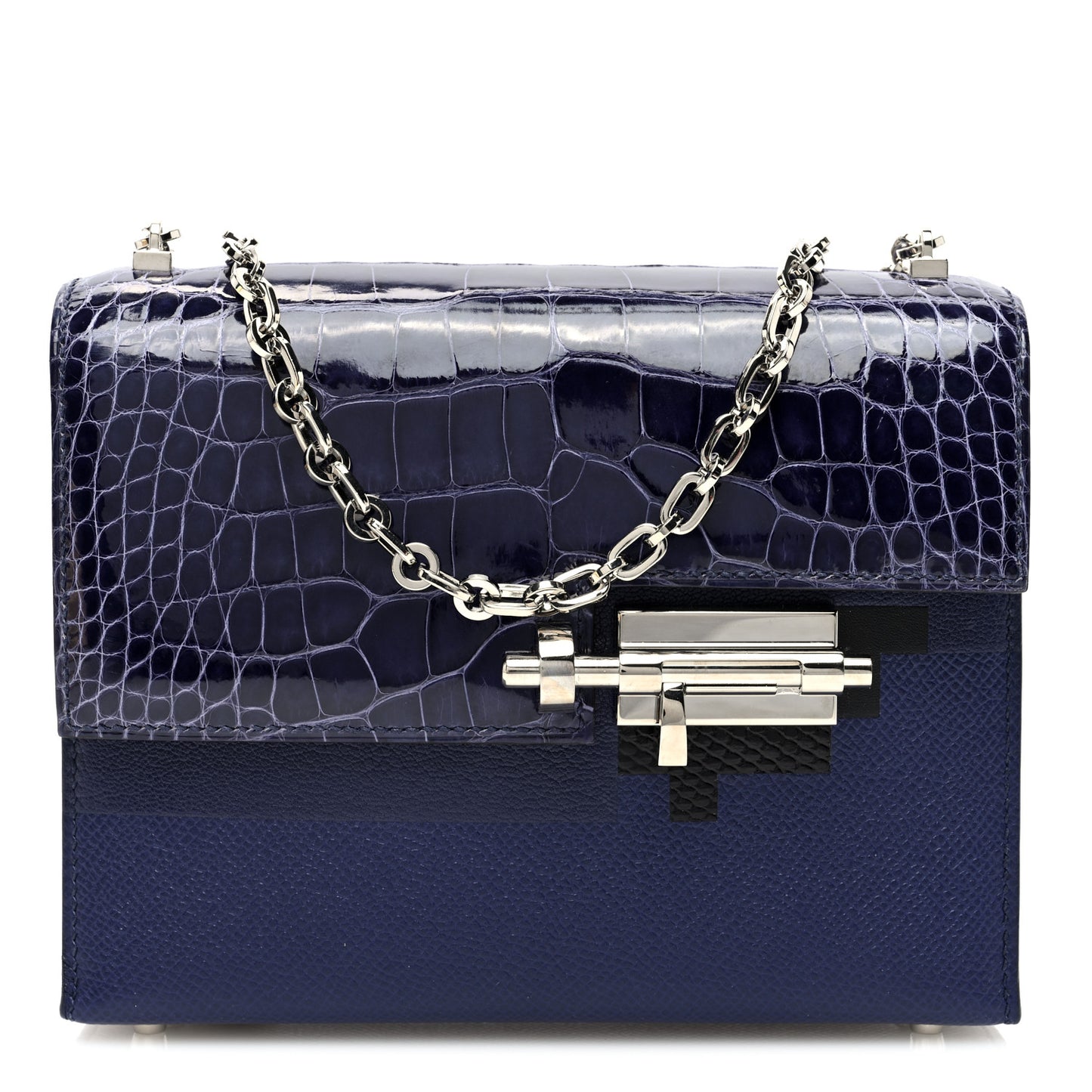 Epsom Shiny Alligator Mini Verrou Chaine Bag Bleu Encre Black