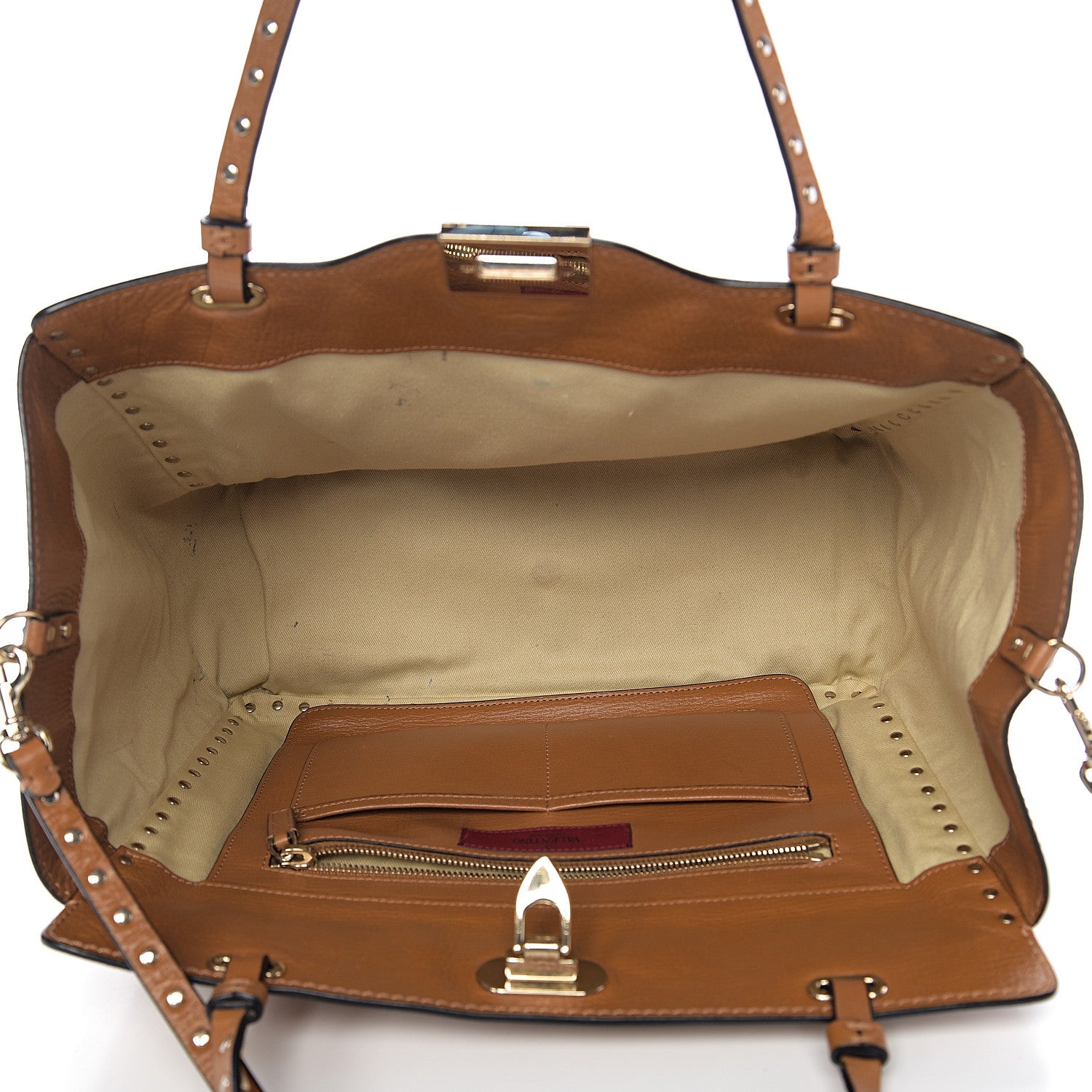 Valentino Garavani Textured Calfskin Medium Rockstud Tote Camel 4 of 14