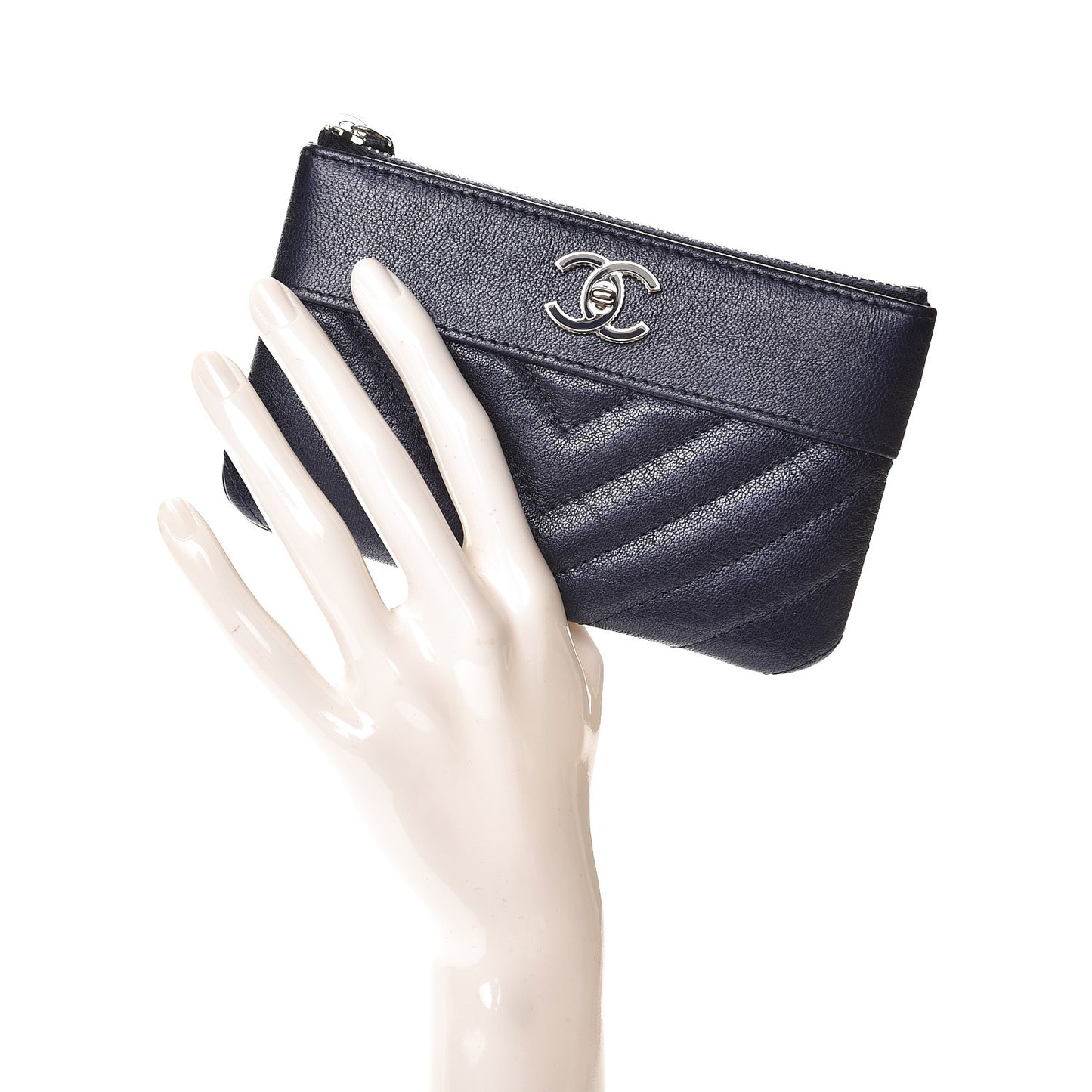 Metallic Sheepskin Chevron Quilted Small Vintage Mademoiselle Cosmetic Case Navy