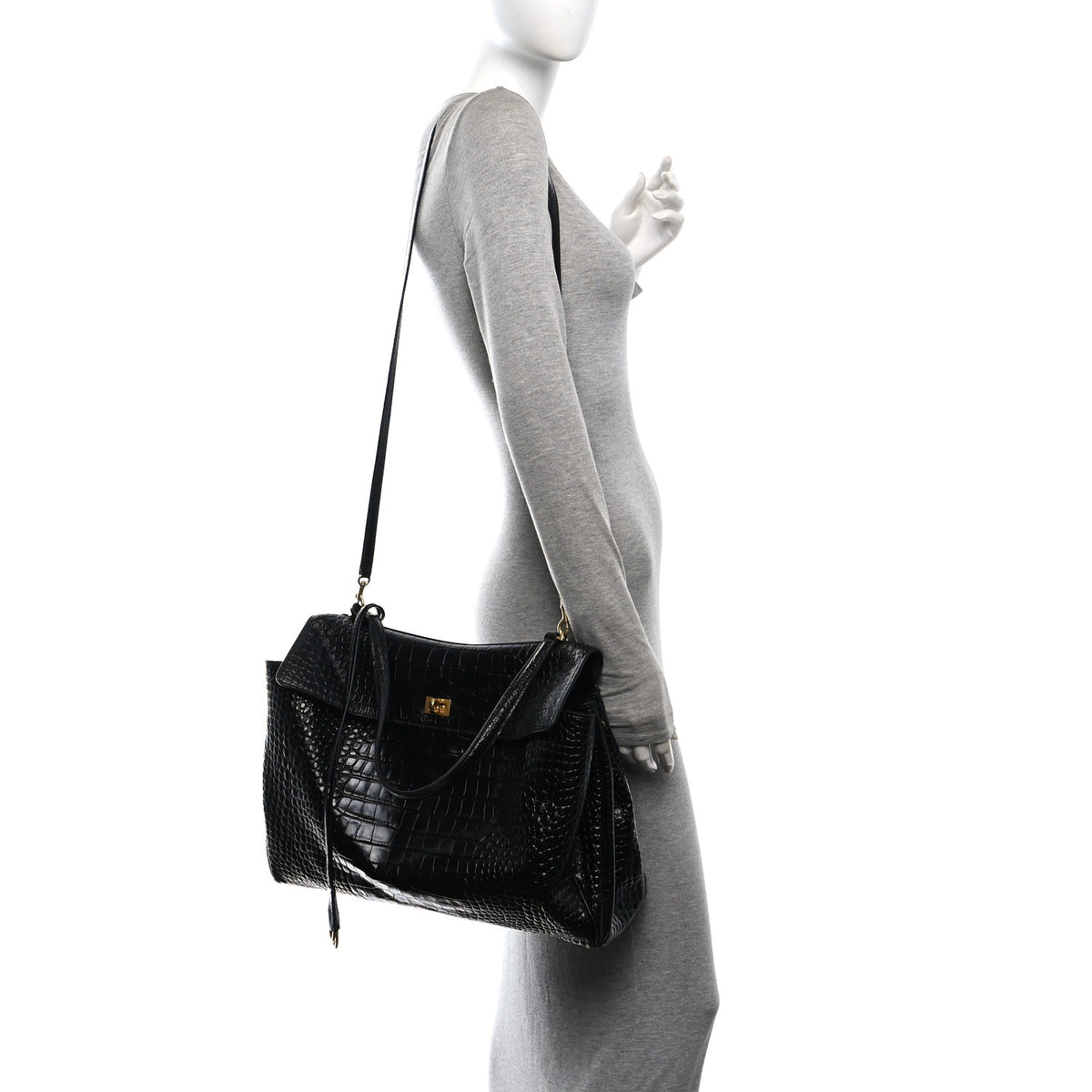 Shiny Calfskin Crocodile Embossed Large Rodeo Top Handle Handbag Black