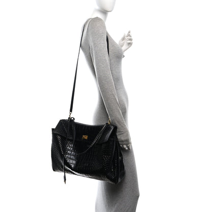 Balenciaga Shiny Calfskin Crocodile Embossed Large Rodeo Top Handle Handbag Black 2 of 10