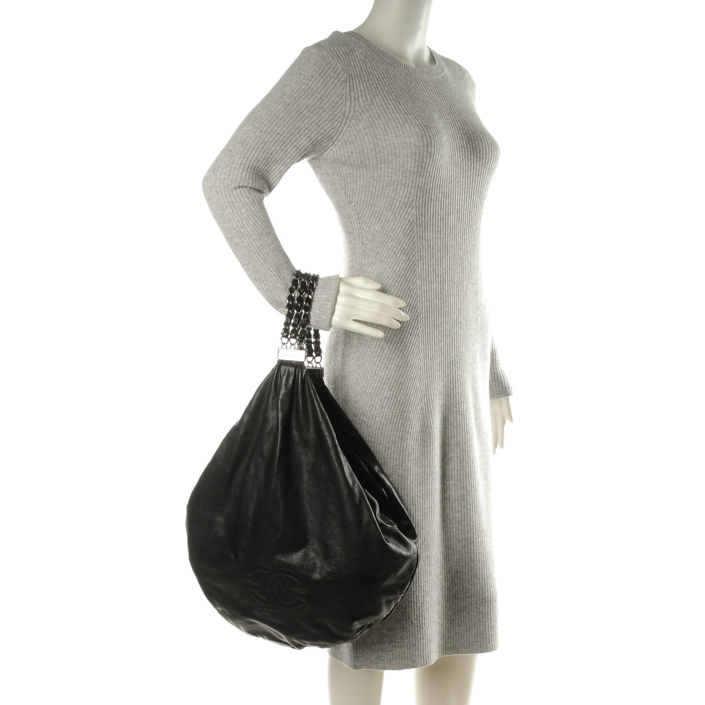 Lambskin Large Rock and Chain Hobo Black
