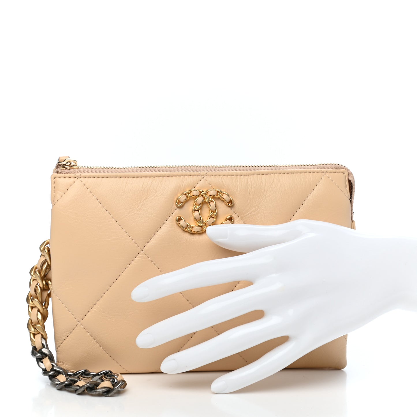 Shiny Goatskin Quilted Chanel 19 Small Pouch With Handle Beige