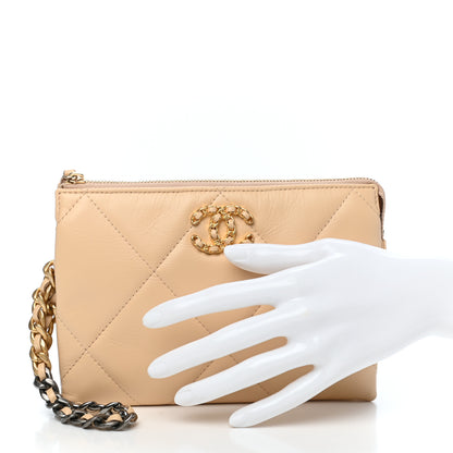 Chanel Shiny Goatskin Quilted Chanel 19 Small Pouch With Handle Beige 2 of 7