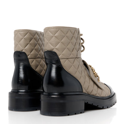 Chanel Calfskin Shiny Calfskin Quilted Lace Up Combat Boots 38 Dark Beige Black 4 of 9