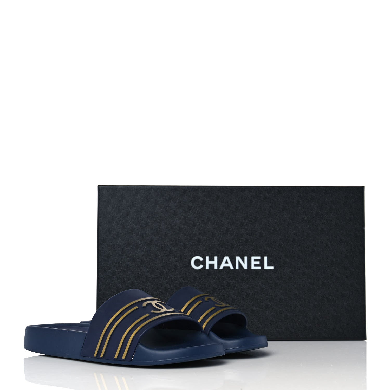 Chanel Rubber CC Flat Slide Sandals 36 Navy Gold 9 of 9