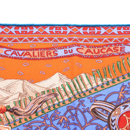 Hermes Cashmere Silk Cavaliers du Caucase Shawl 140 Orange Lavande Corail 2 of 5
