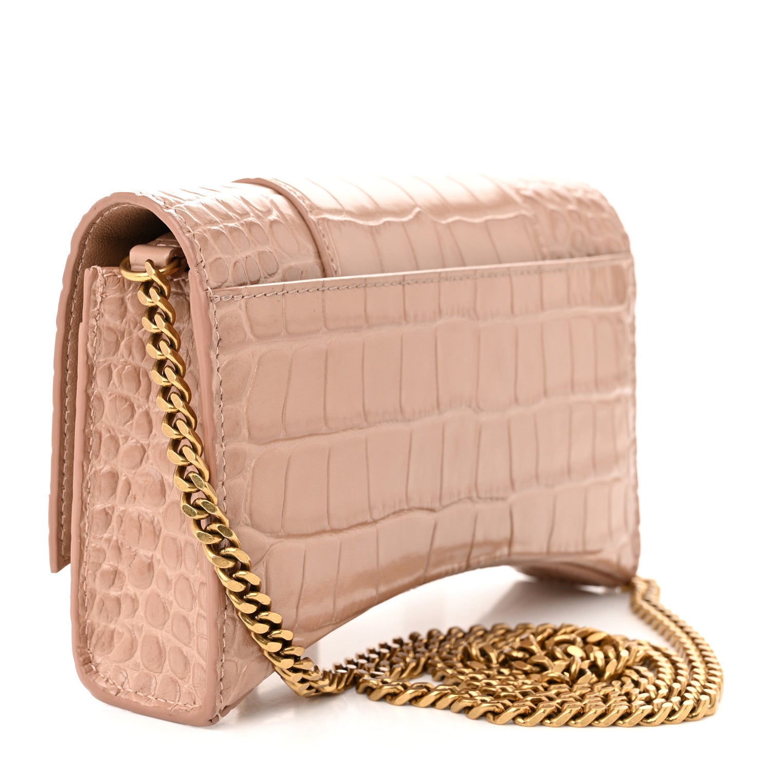 Balenciaga Shiny Calfskin Crocodile Embossed Hourglass Chain Bag Nude Beige 3 of 10