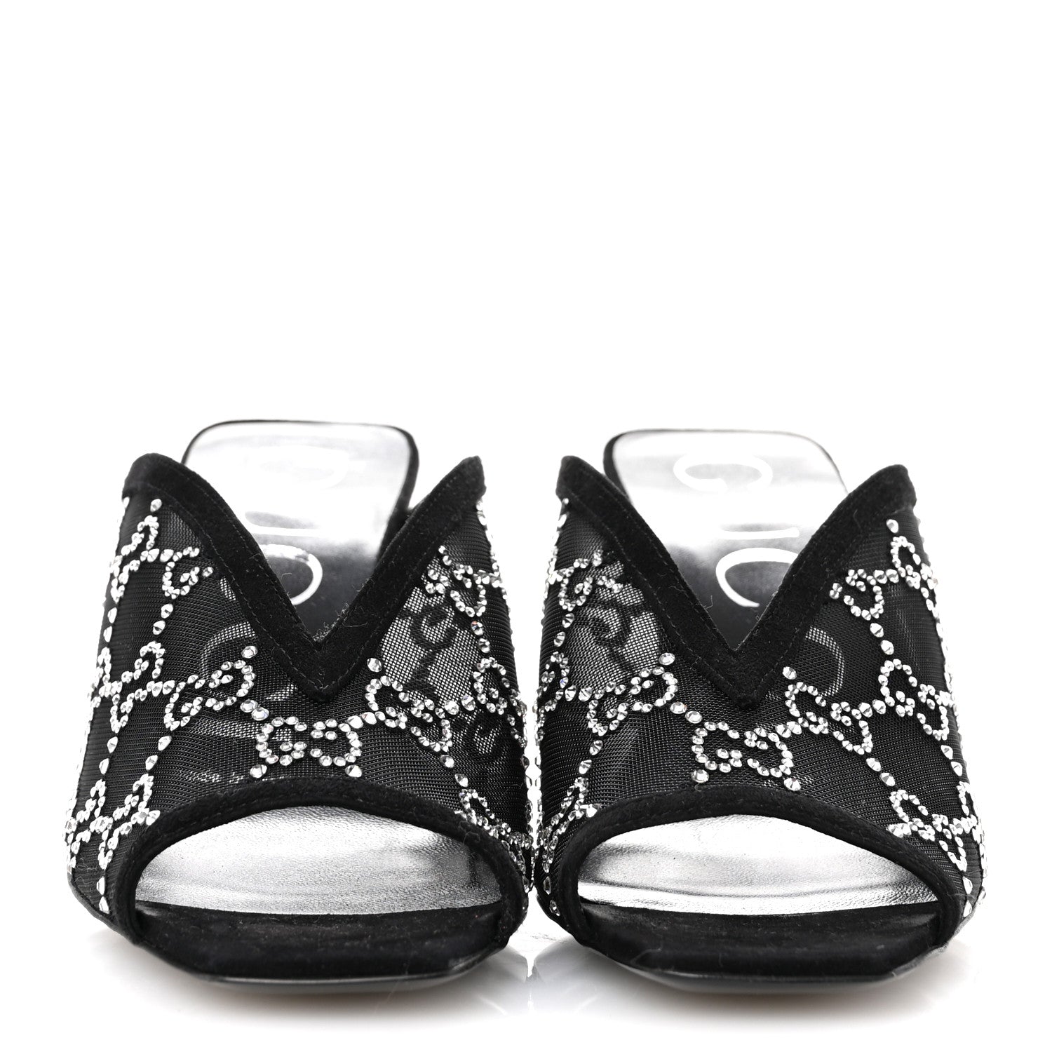 Gucci Tela Retino Kid Scamosciato Crystal GG Monogram Square G 95mm Slide Sandals 35 Black 3 of 8
