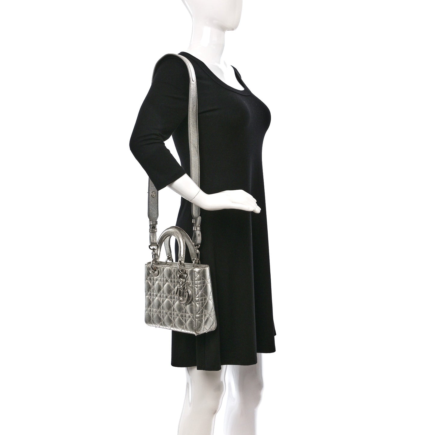 Metallic Grained Calfskin Cannage Small Lucky Badges My Lady Dior Silver
