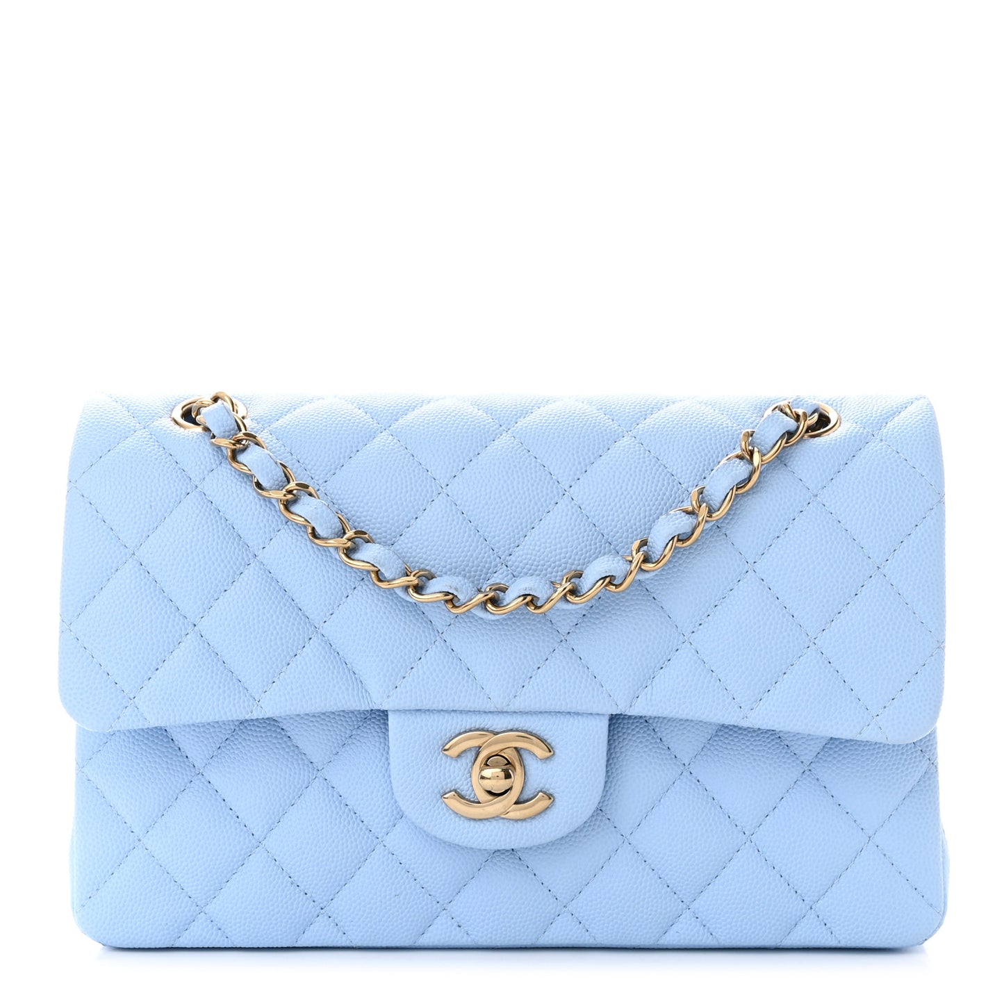 Caviar Quilted Small Double Flap Light Blue