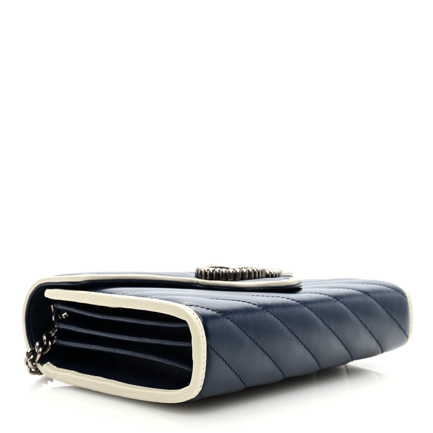 Vintage Effect Calfskin Matelasse Diagonal Torchon GG Marmont Chain Wallet Blue Agata Mystic White