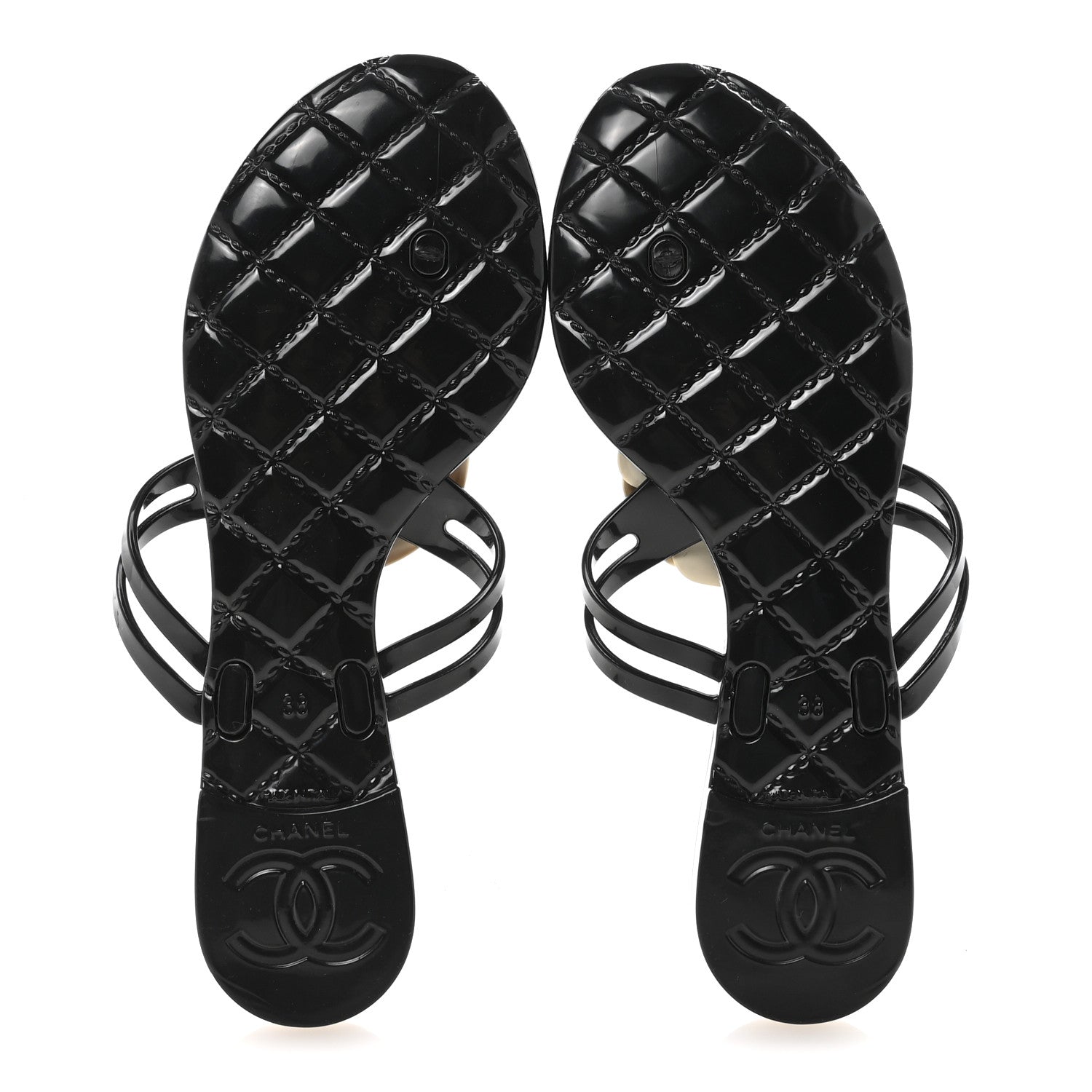 Chanel Jelly Camellia Thong Sandals 38 Black Ivory 6 of 8