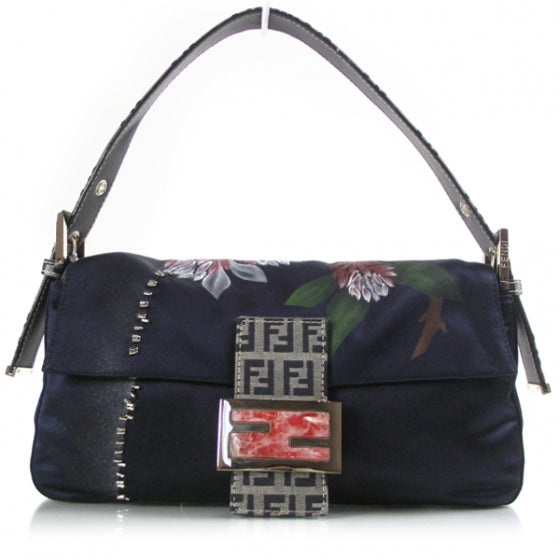 Fendi Satin Floral Baguette Navy 1 of 11