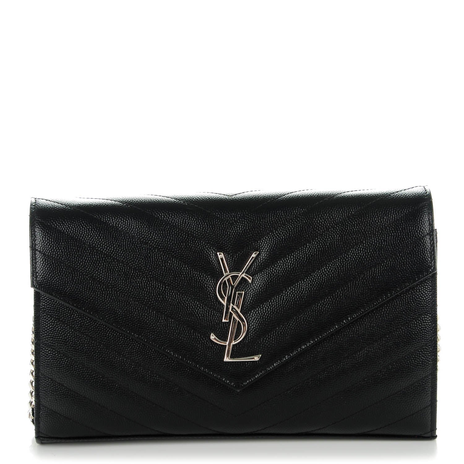 Saint Laurent Grain De Poudre Matelasse Chevron Monogram Chain Wallet Black 1 of 8