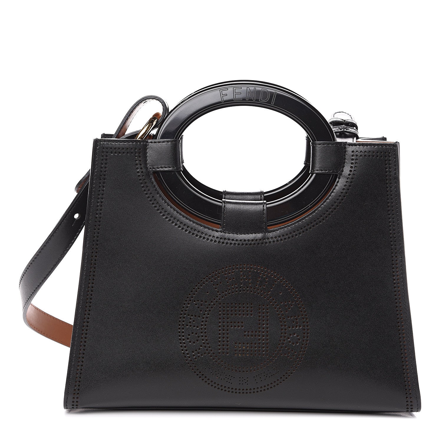 Fendi Vitello Liberty Plexiglass Stamp Patch Perforated Small Runaway Shopper Tote Black 1 of 8