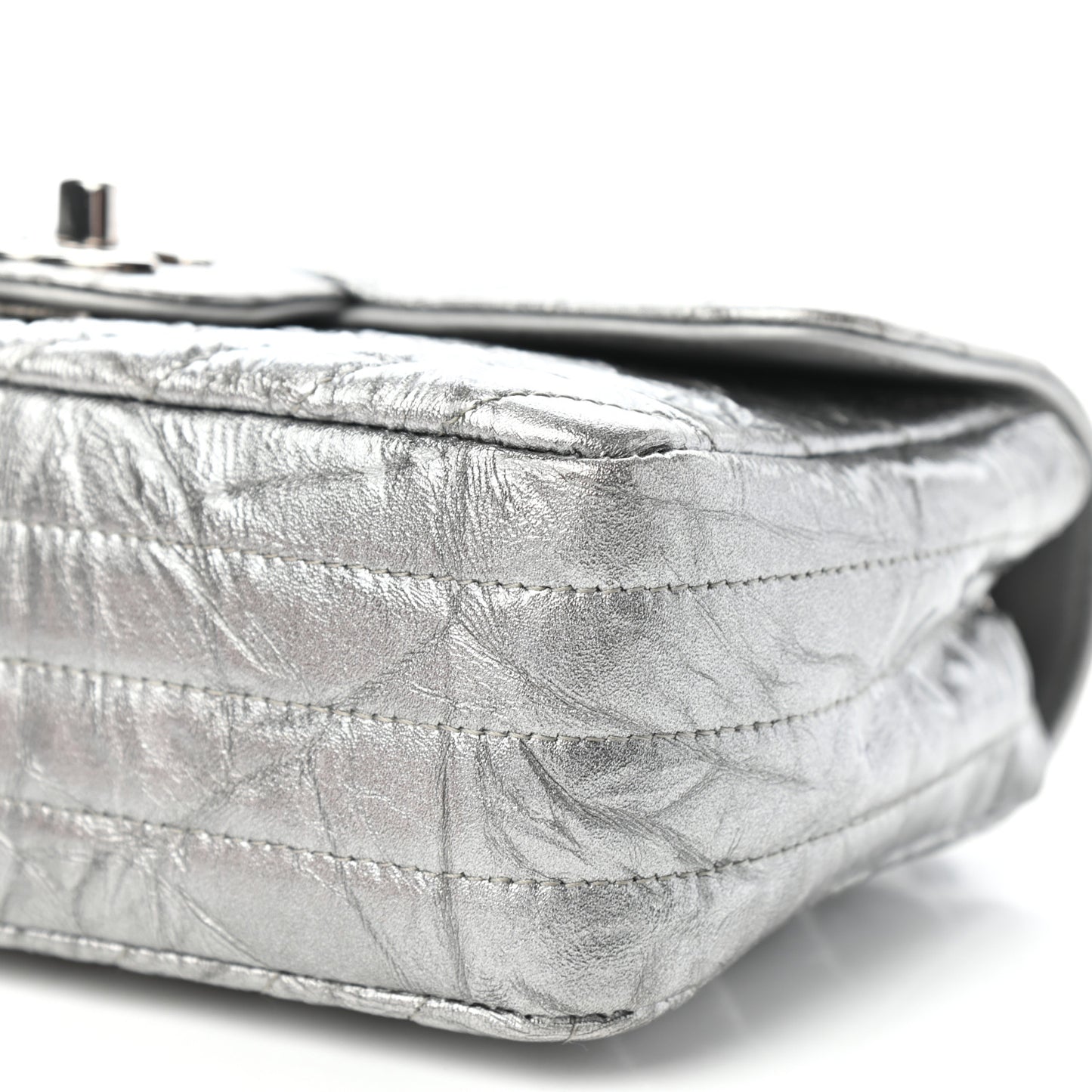 Patent Metallic Crumpled Calfskin Chevron Quilted Mini Rectangular Flap Silver