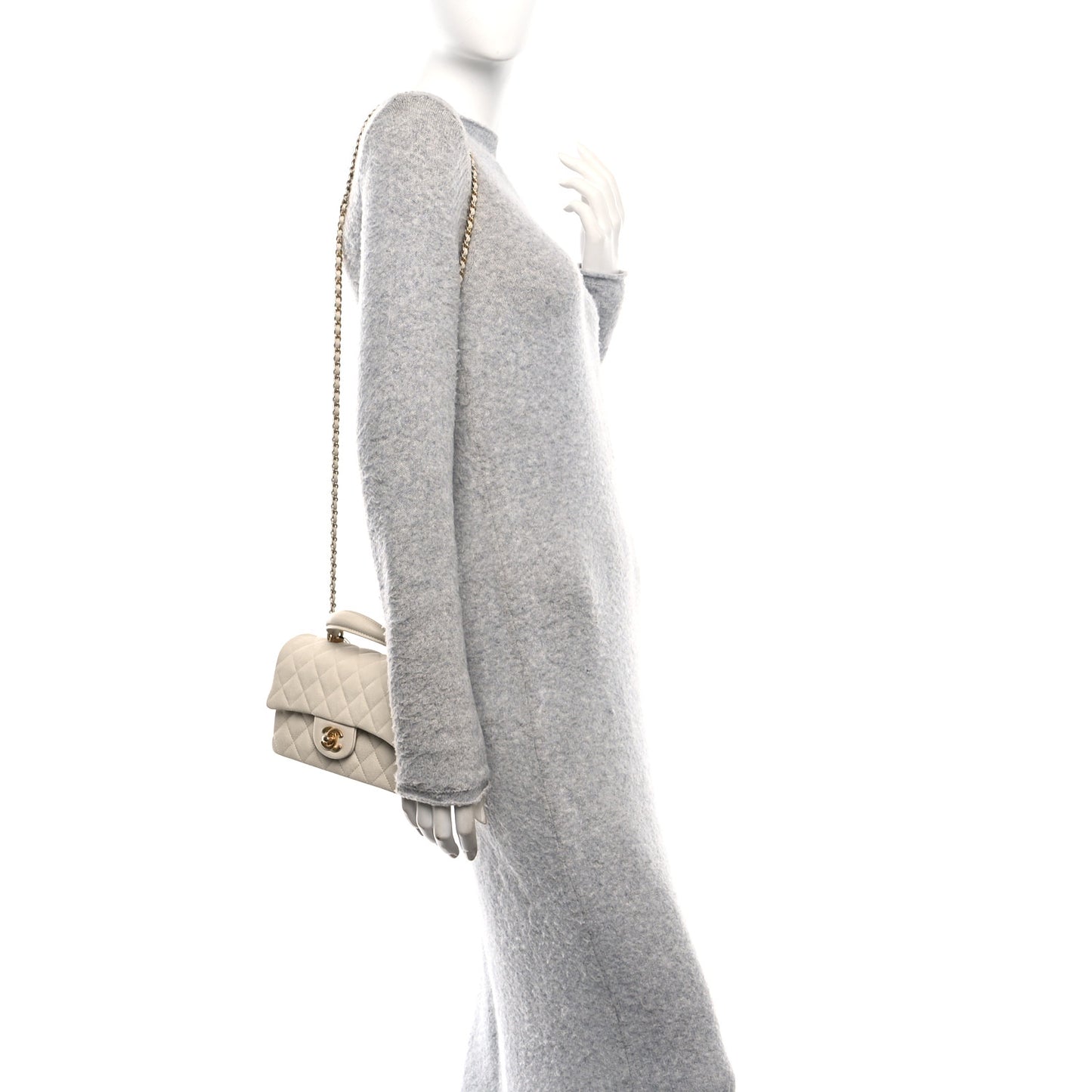 Caviar Quilted Mini Top Handle Rectangular Flap Beige