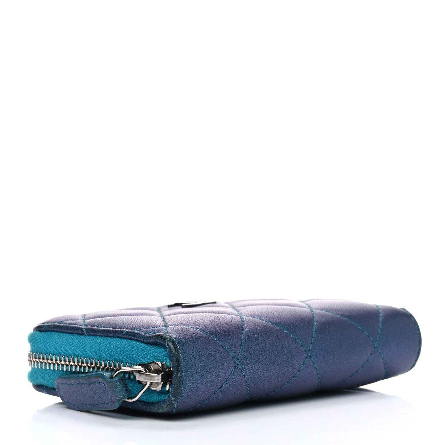 Chanel Metallic Lambskin Quilted Zip Around Coin Purse Wallet Turquoise 3 of 9