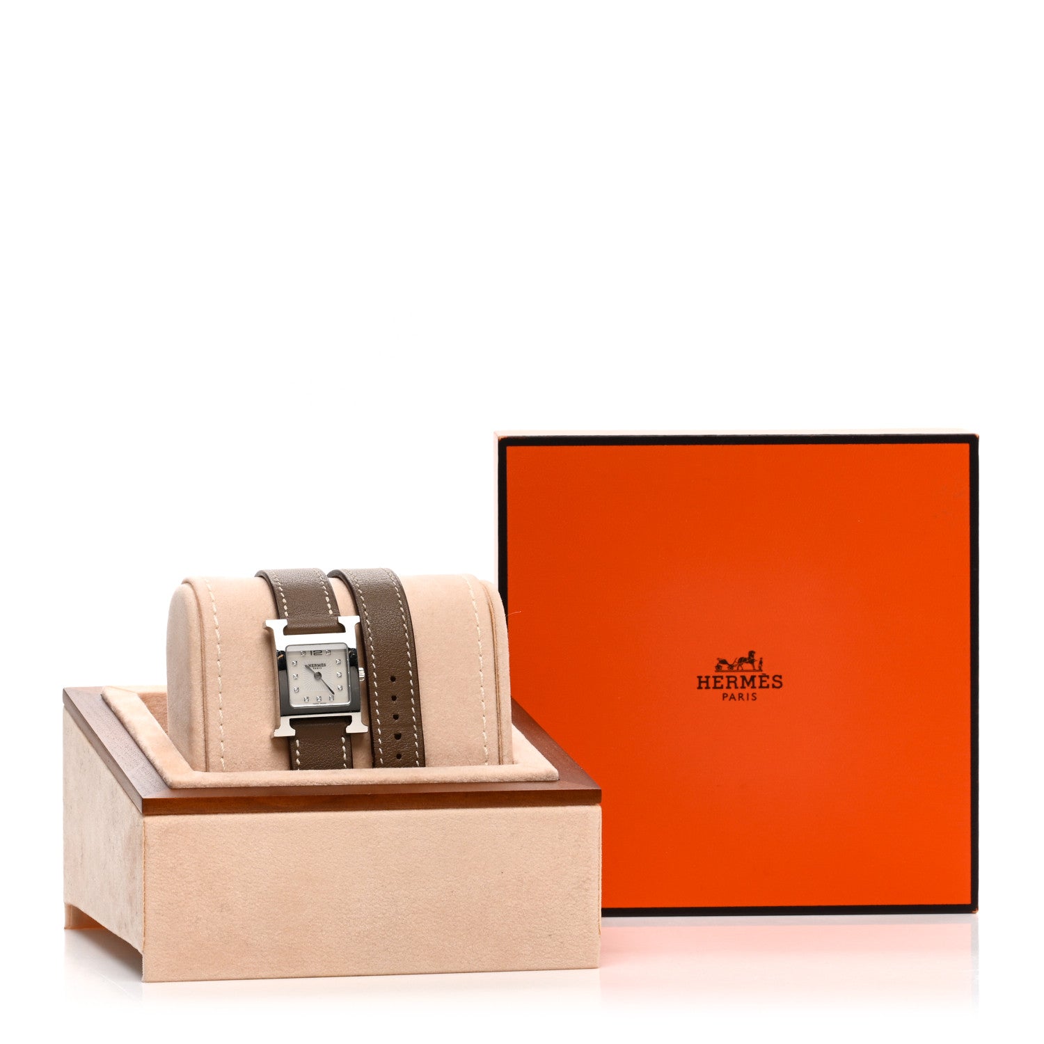 Hermes Stainless Steel Swift Diamond Mother of Pearl 21mm Heure H Hour Double Tour Quartz Watch Etoupe 5 of 5