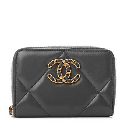 Chanel Lambskin Quilted Chanel 19 Zip Around Coin Purse Wallet Dark Grey 1 of 4