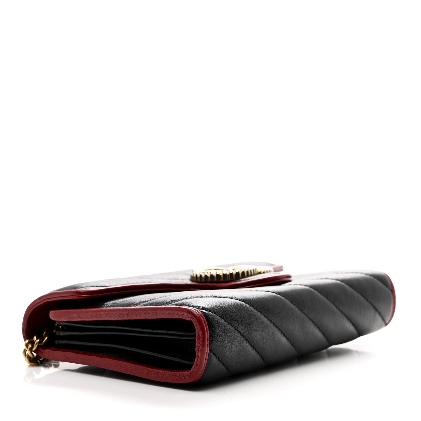 Vintage Effect Calfskin Matelasse Diagonal Torchon GG Marmont Chain Wallet Black Romantic Cherry