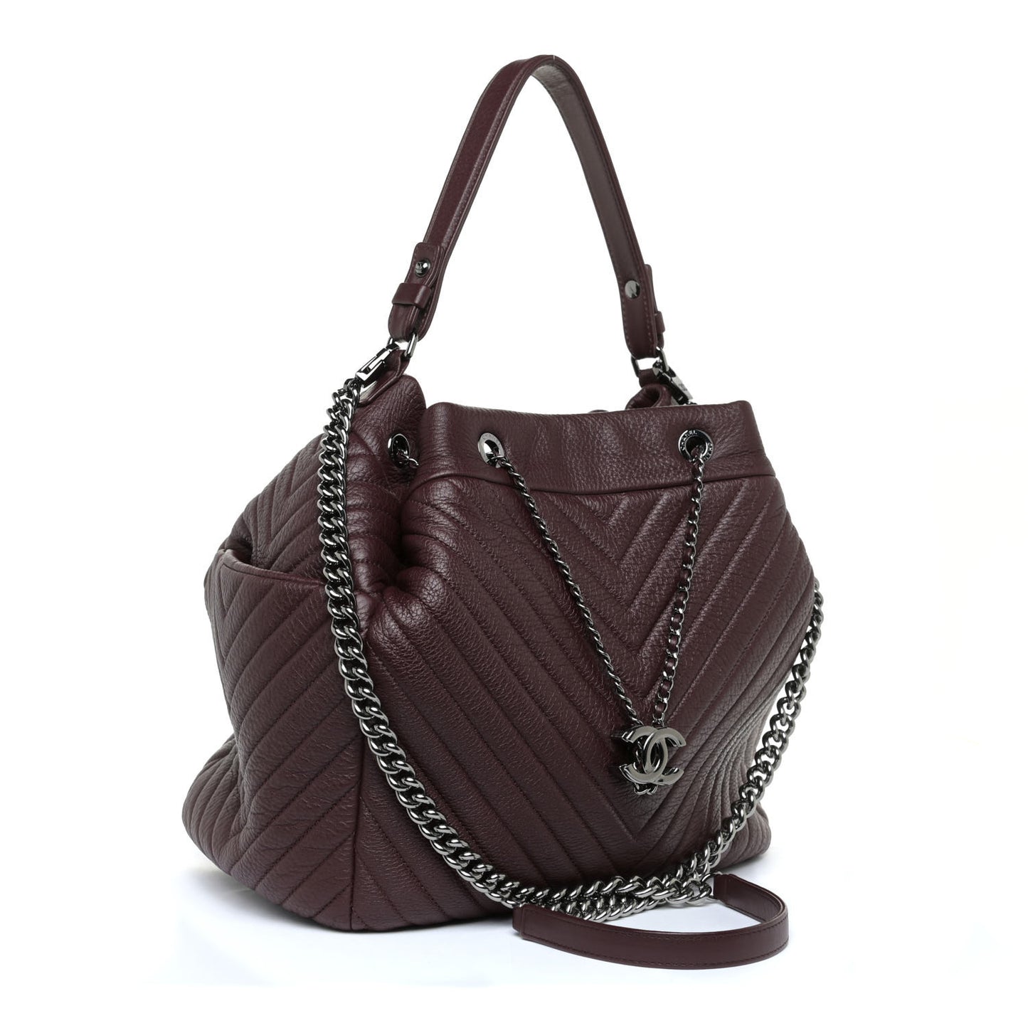Deerskin Chevron CC Chain Bucket Drawstring Bag Burgundy