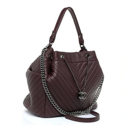 Chanel Deerskin Chevron CC Chain Bucket Drawstring Bag Burgundy 2 of 10