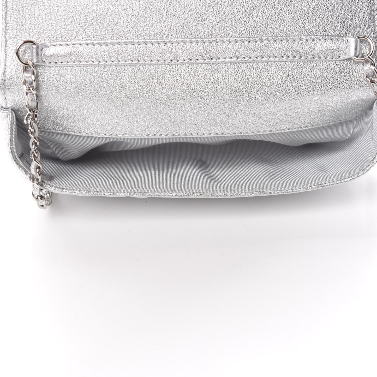 Metallic Lambskin Quilted Glasses Case With Chain Silver