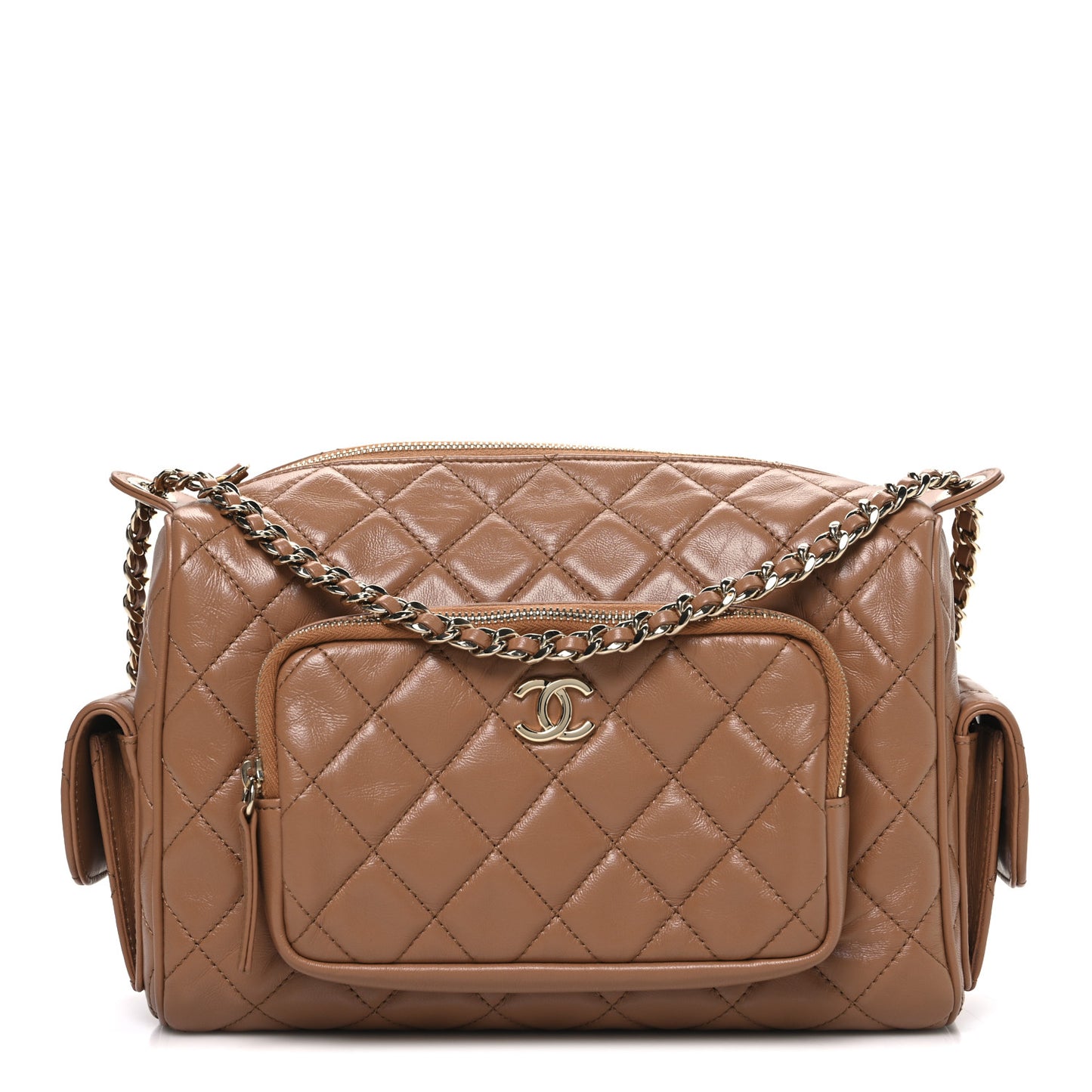 Shiny Crumpled Lambskin Quilted Medium Preppy Pocket Camera Case Brown