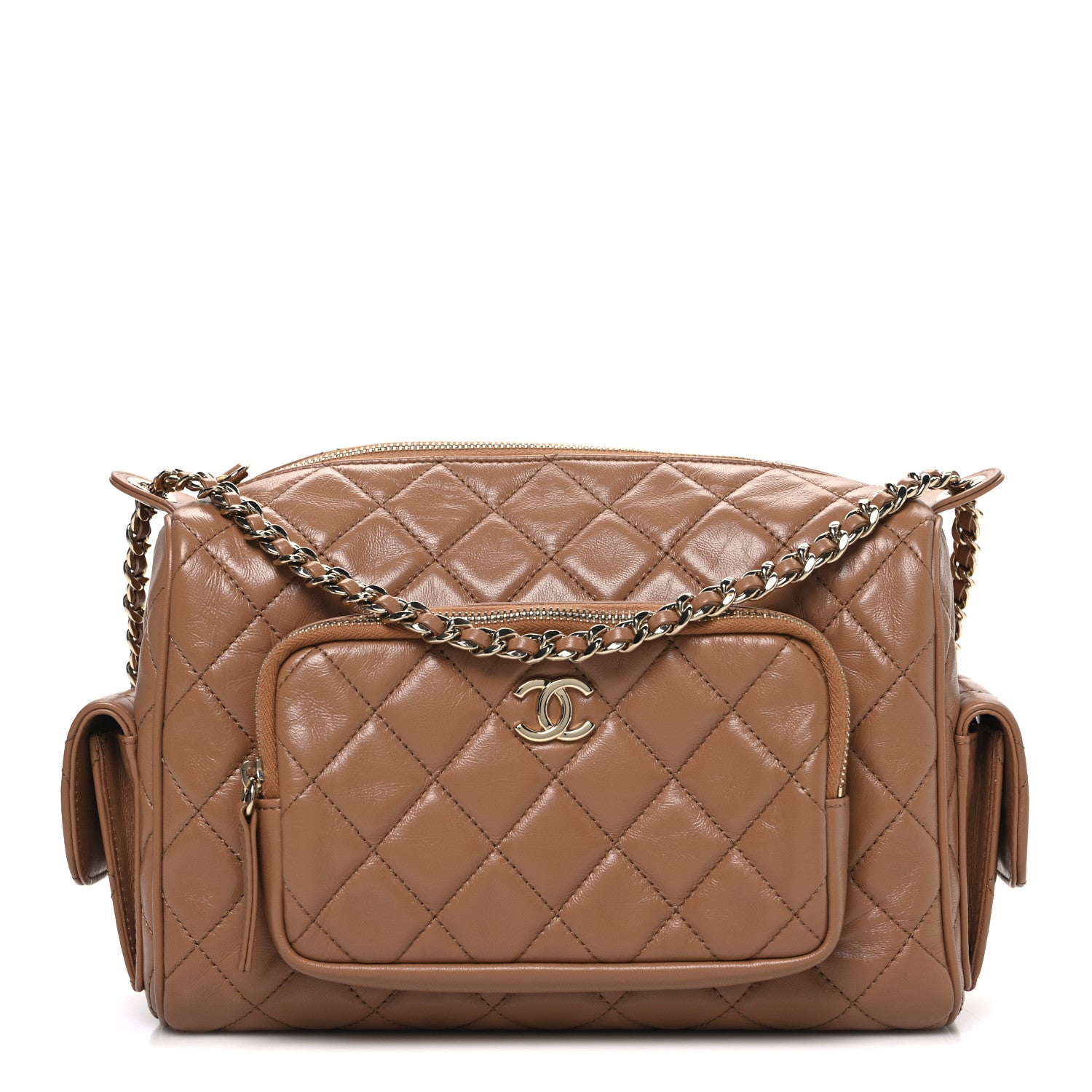 Chanel Shiny Crumpled Lambskin Quilted Medium Preppy Pocket Camera Case Brown 1 of 10