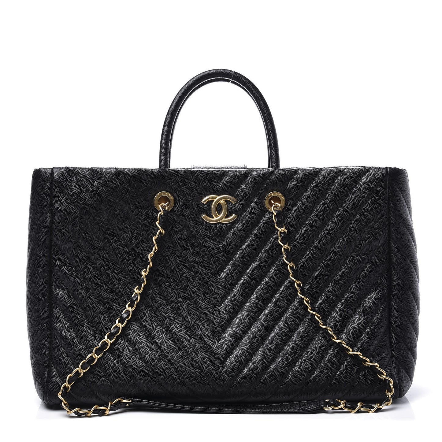 Caviar Chevron Quilted Coco Handle Shopping Tote Black