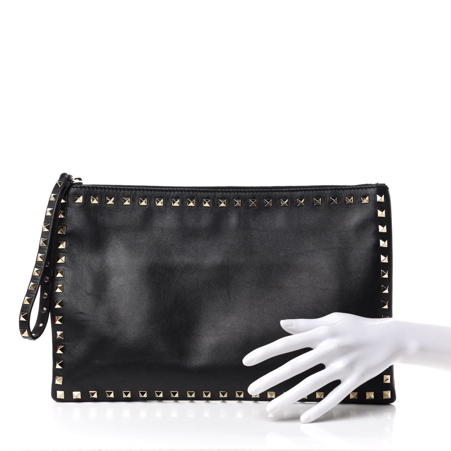 Vitello Large Rockstud Zip Wristlet Pouch Black