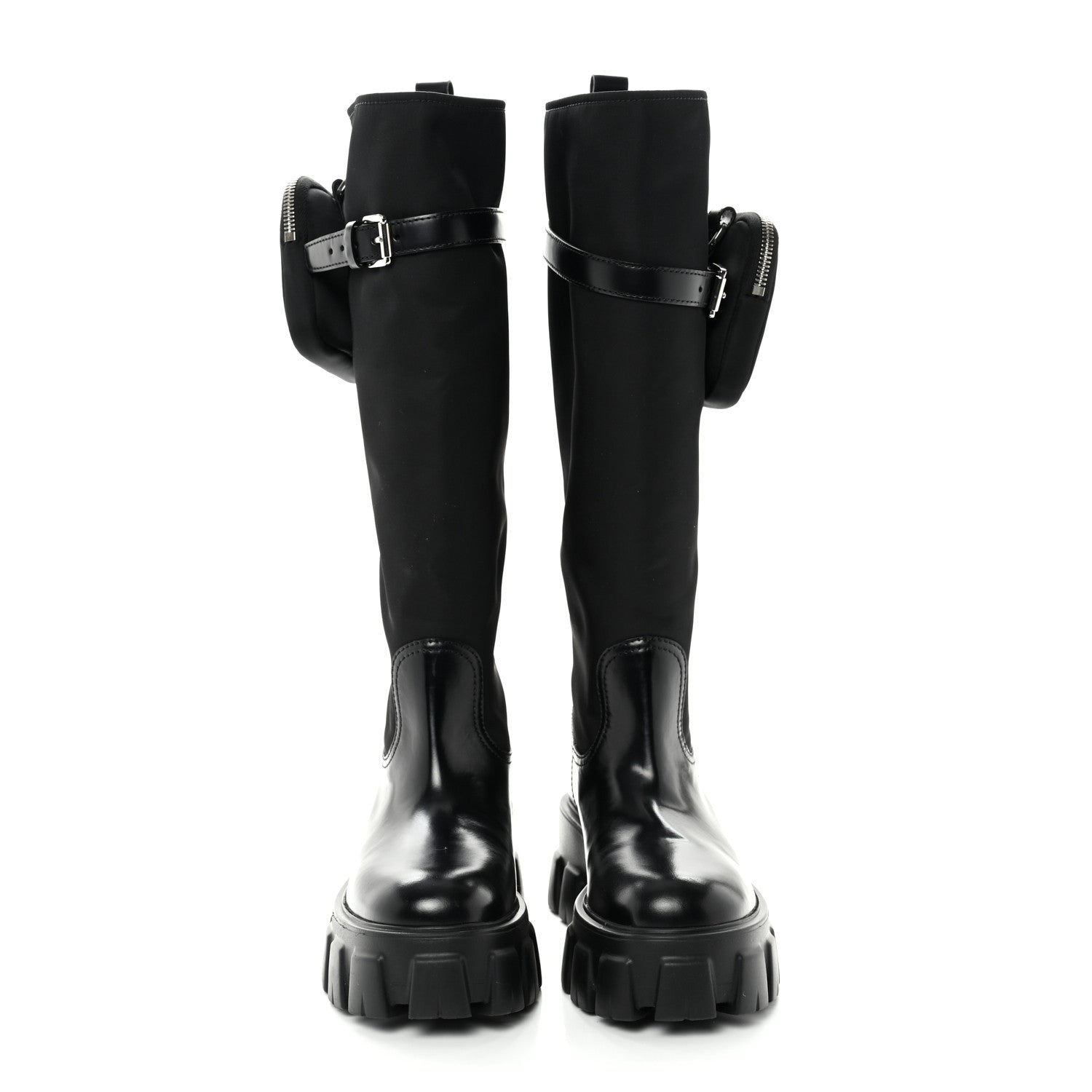 Prada Spazzolato Rois Re-Nylon Metal Triangle Logo Monolith Pouch Pocket 55mm Tall Boots 37 Black 2 of 9
