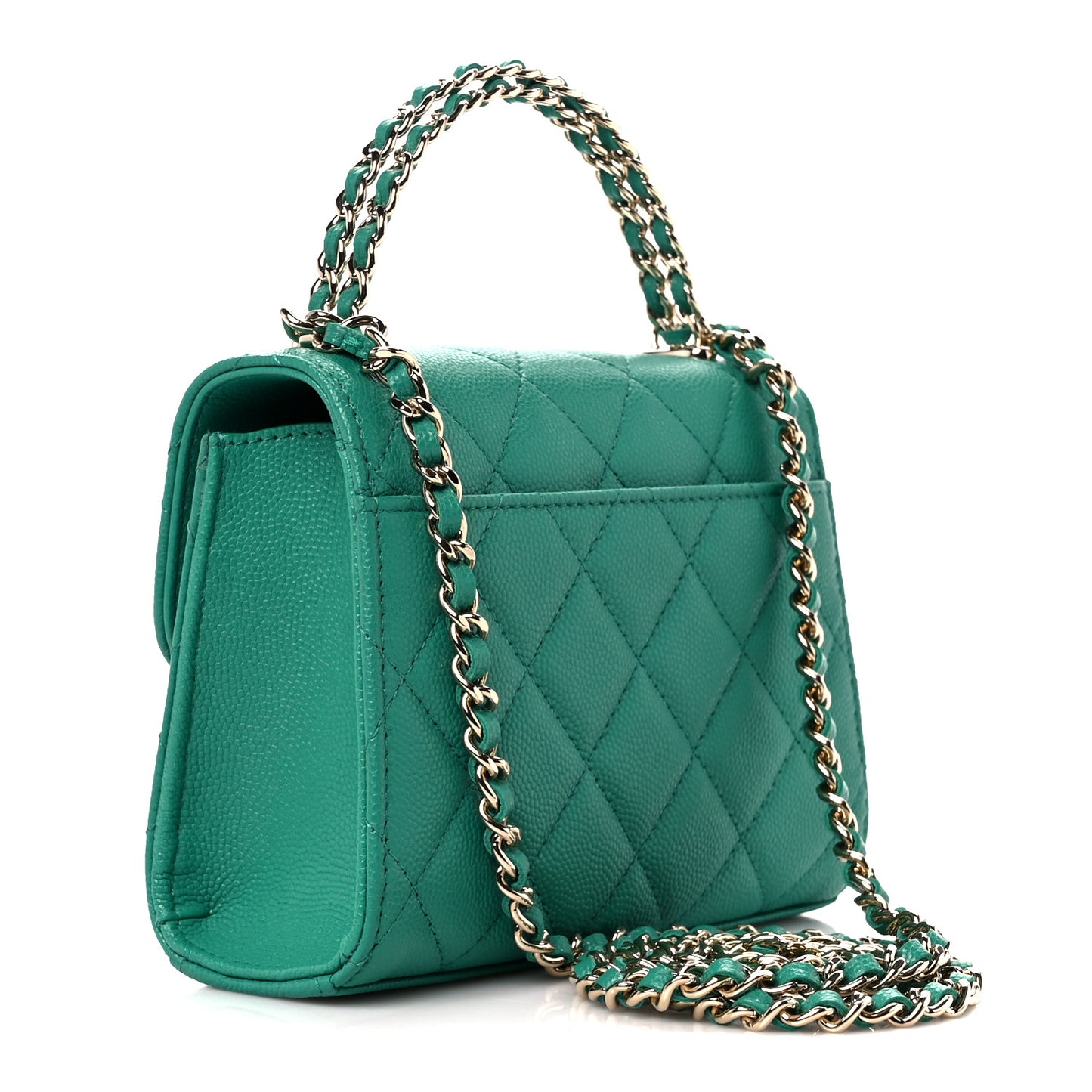Caviar Quilted Double Chain Top Handle Flap With Chain Green