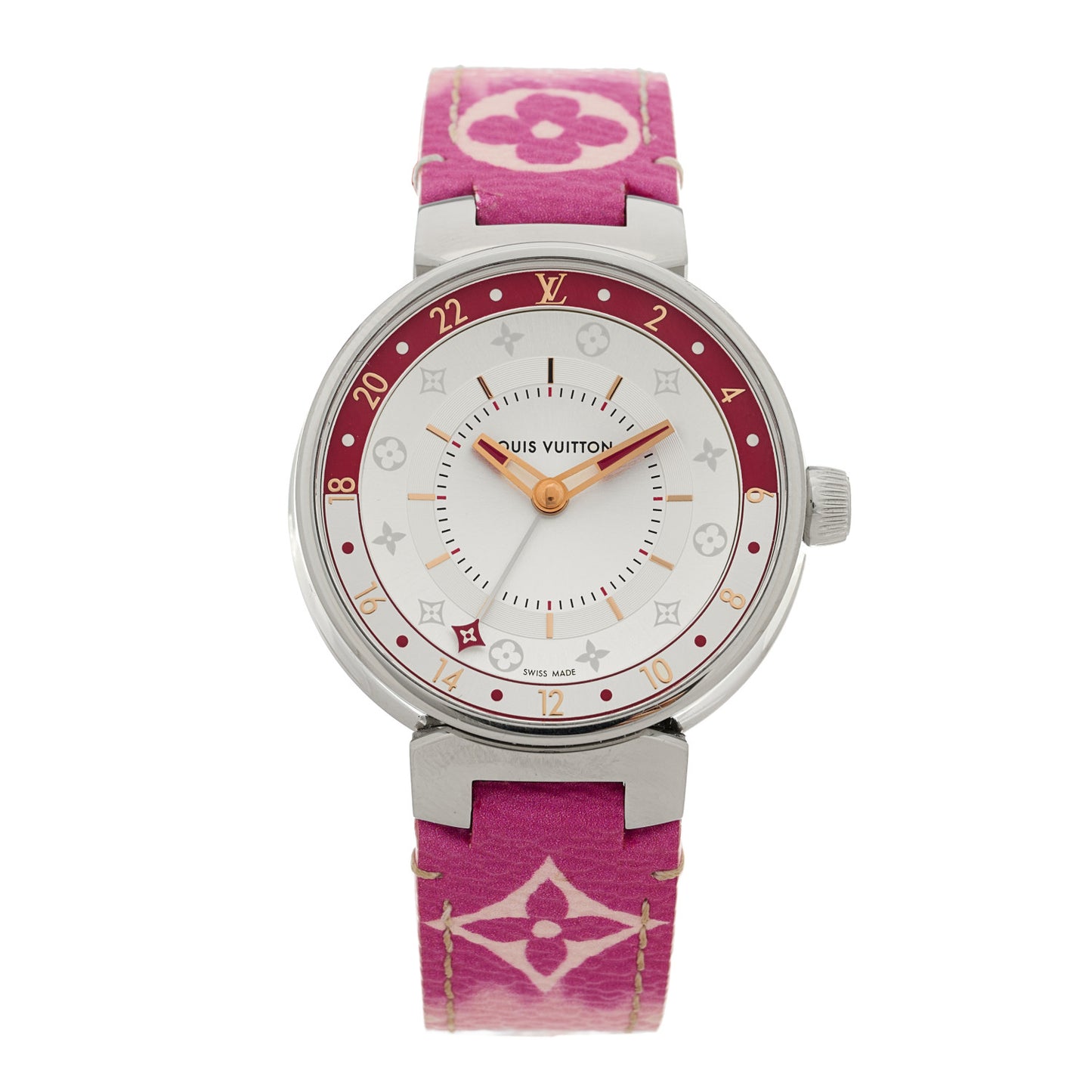 Stainless Steel Monogram 35mm Tambour GMT Quartz Watch Pink