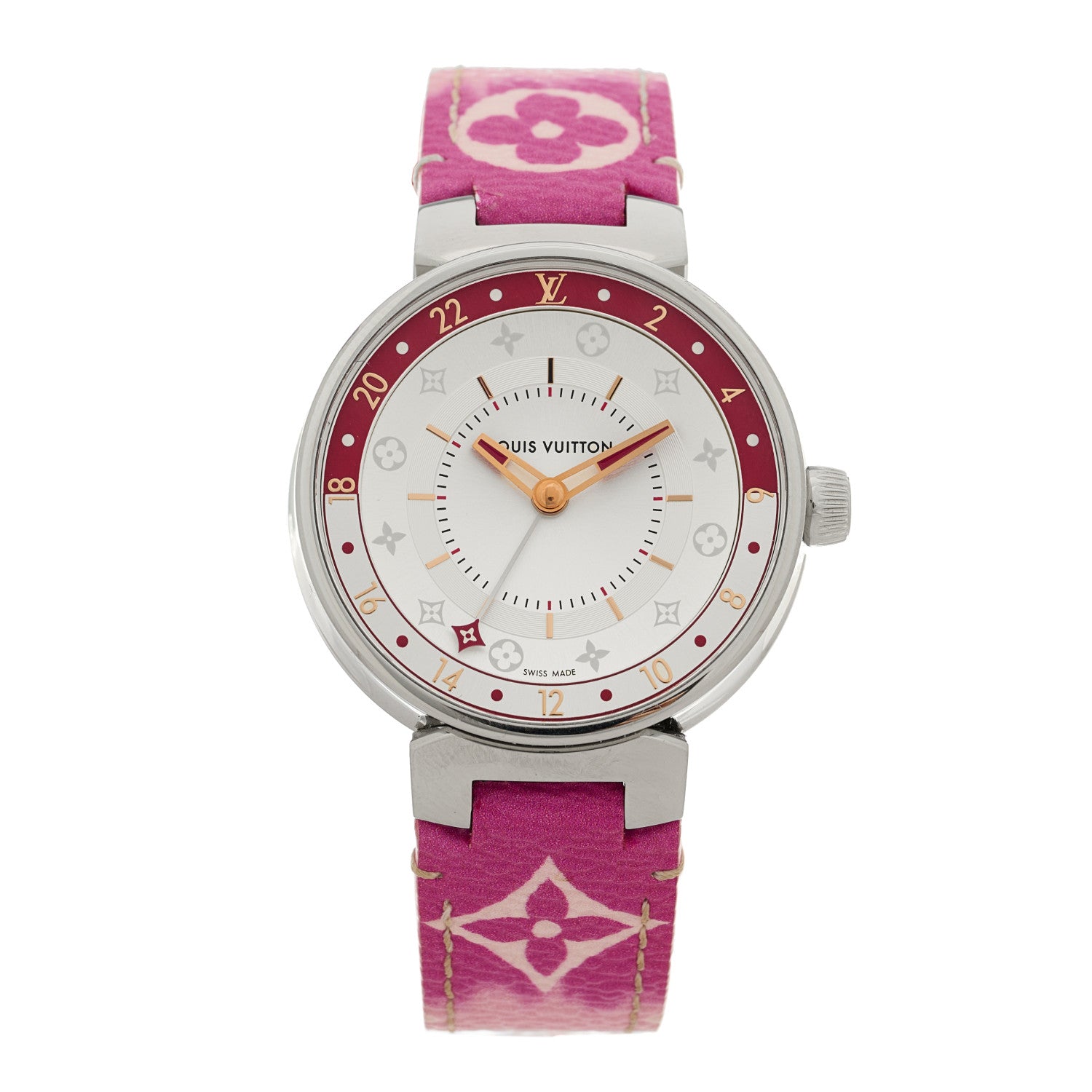 Louis Vuitton Stainless Steel Monogram 35mm Tambour GMT Quartz Watch Pink 1 of 4