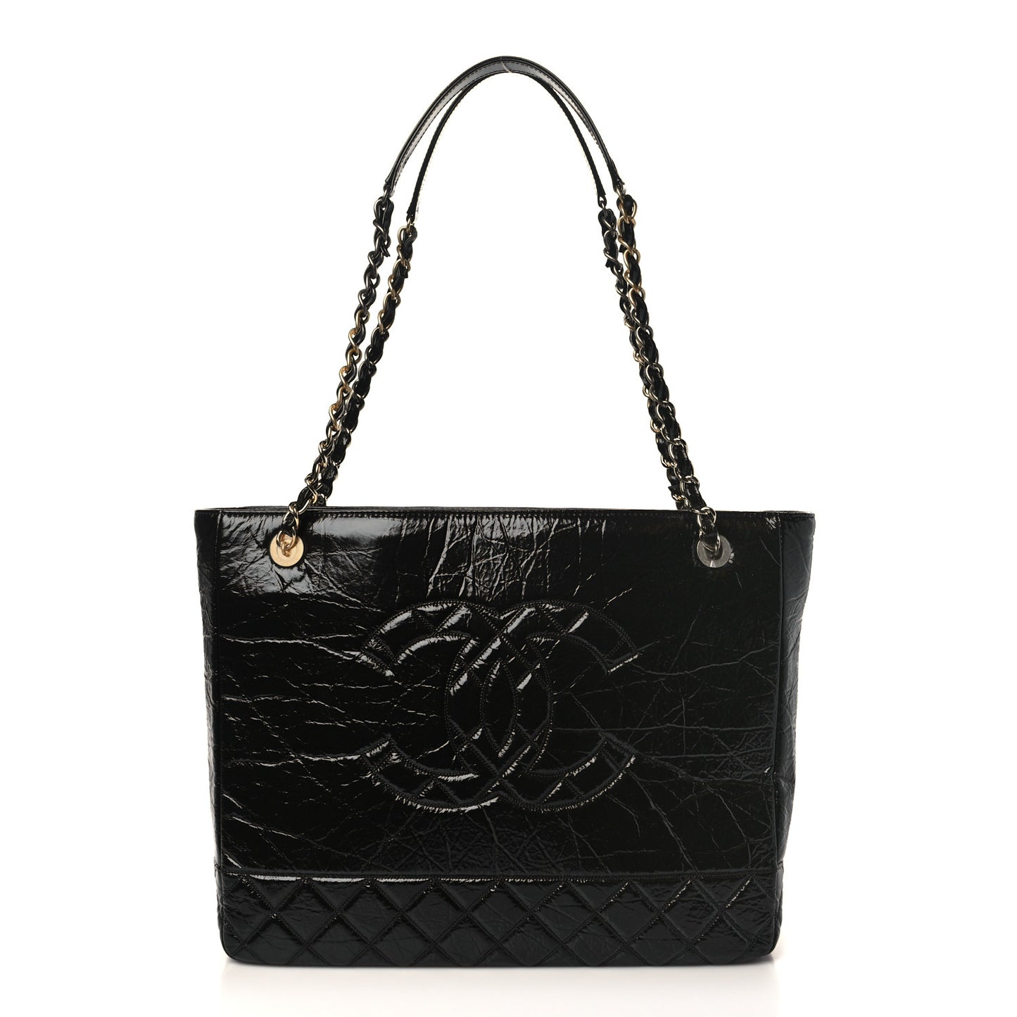 Shiny Aged Calfskin Quilted Large Shopping Bag Black
