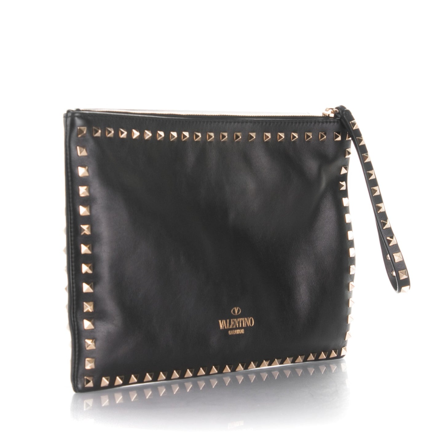 Vitello Large Rockstud Zip Wristlet Pouch Black