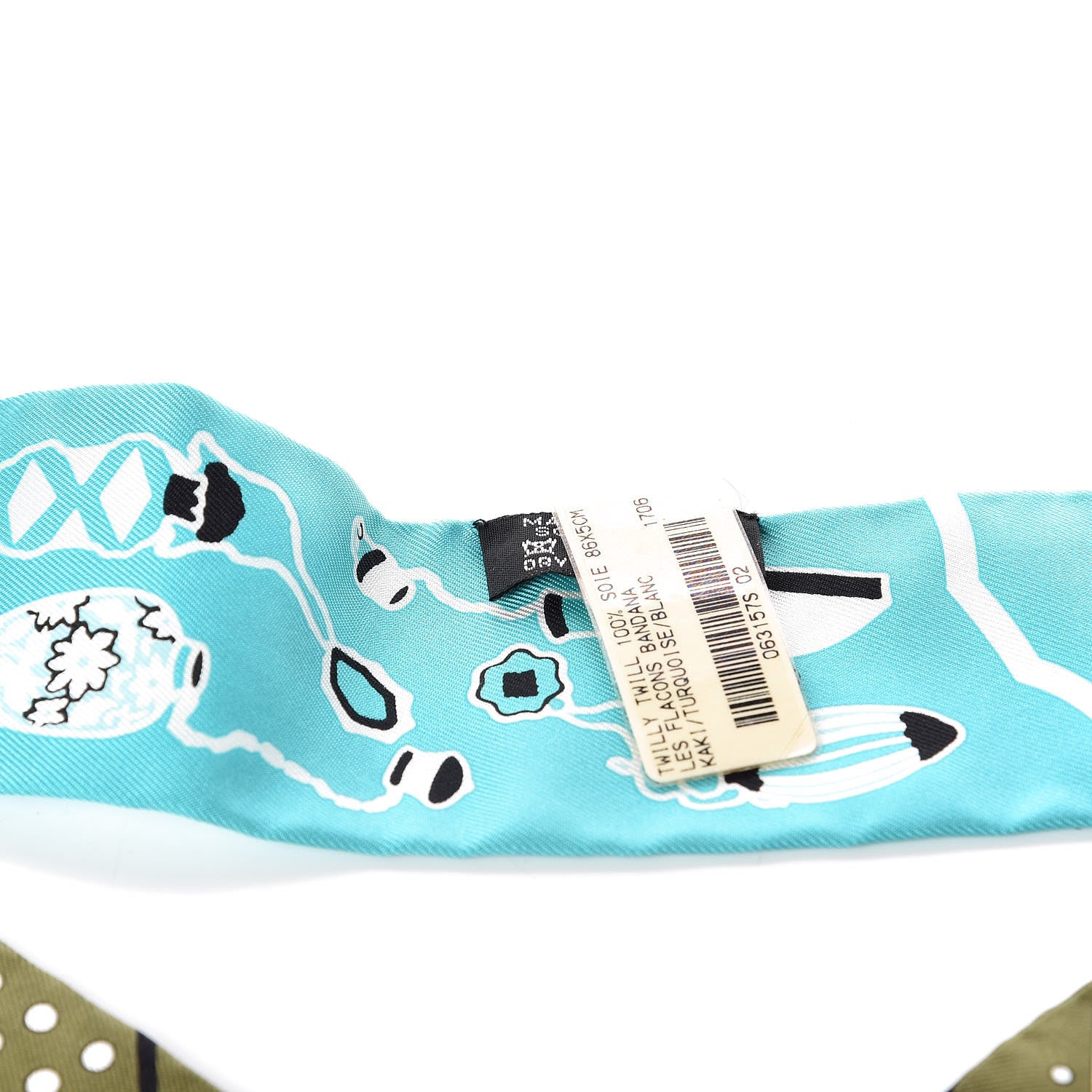Hermes Silk Les Flacons Bandana Twilly Kaki Turquoise Blanc 4 of 4