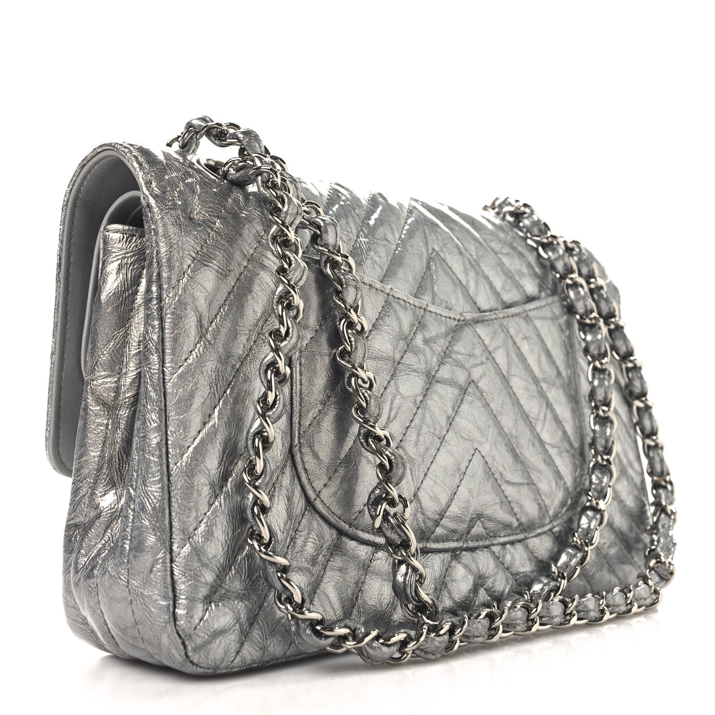 Metallic Patent Crumpled Calfskin Chevron Quilted Medium Double Flap Silver
