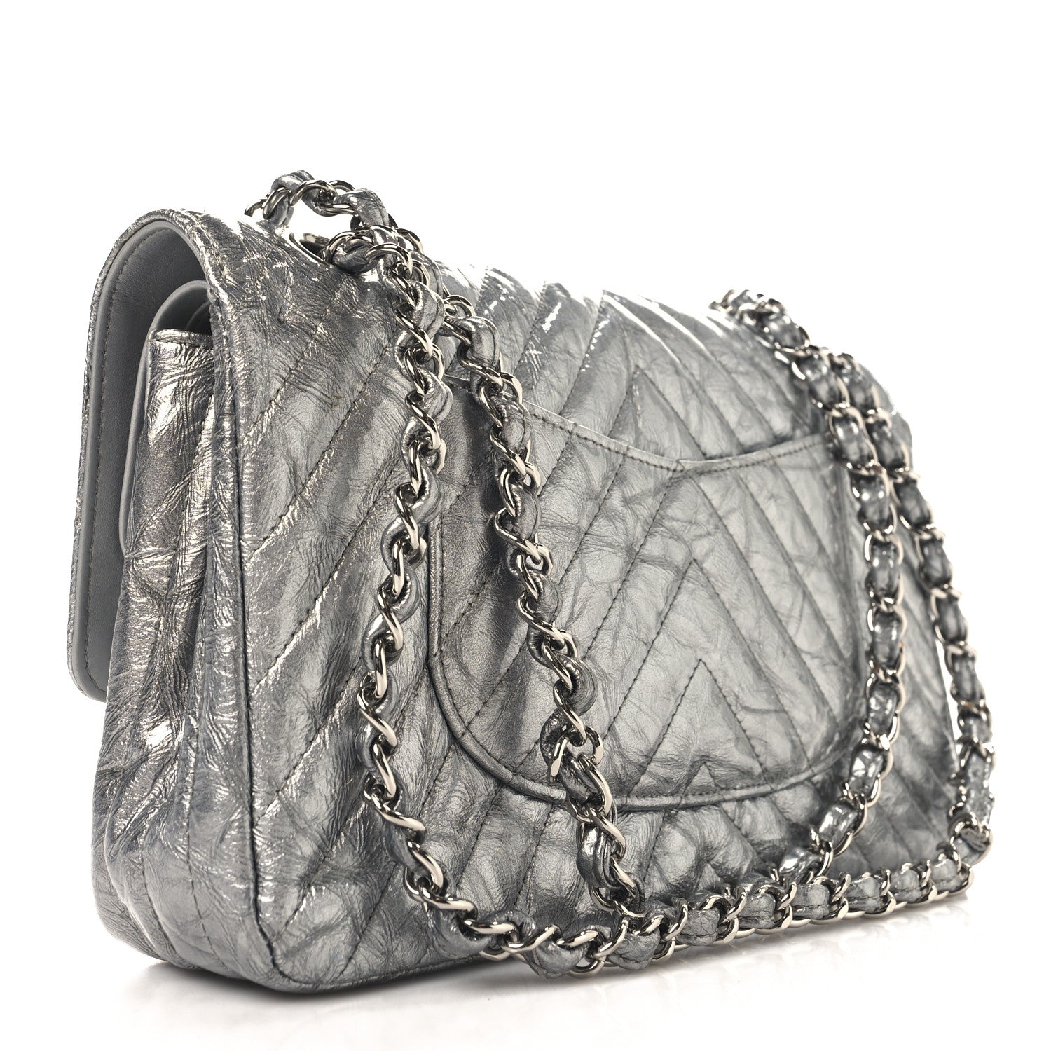 Chanel Metallic Patent Crumpled Calfskin Chevron Quilted Medium Double Flap Silver 3 of 10