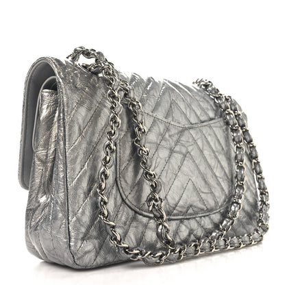 Chanel Metallic Patent Crumpled Calfskin Chevron Quilted Medium Double Flap Silver 3 of 10