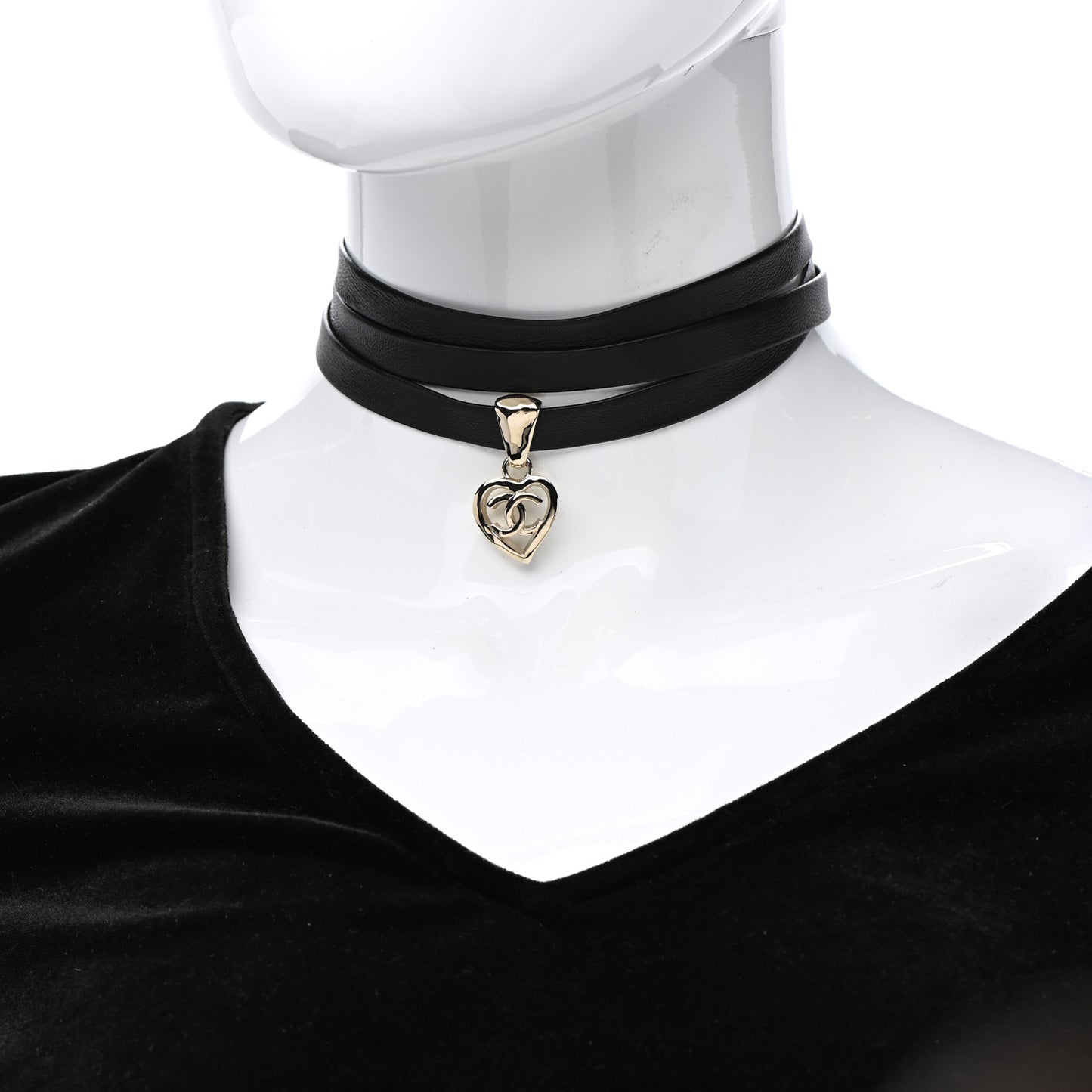 Lambskin CC Heart Choker Necklace Black