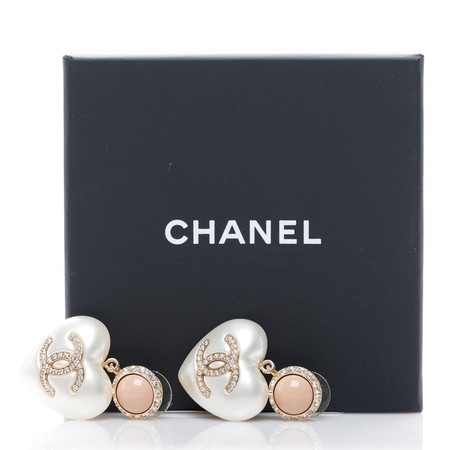 Pearl Resin Crystal CC Heart Drop Earrings Pink Gold