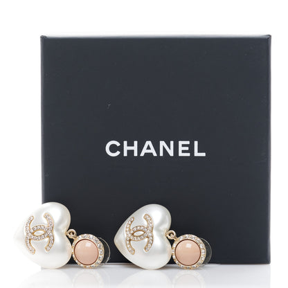 Chanel Pearl Resin Crystal CC Heart Drop Earrings Pink Gold 5 of 5
