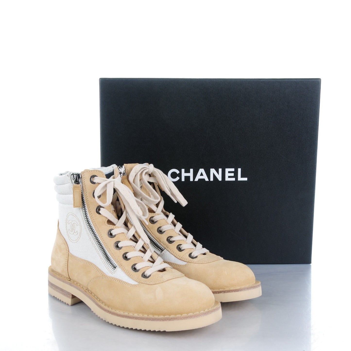 Toile Suede Calfskin CC Lace Up Short Boots 39 Light Beige