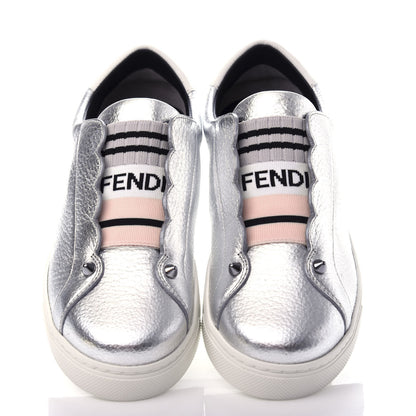 Fendi Metallic Vitello Lurex Rockoclick Slip On Sneakers 36.5 Silver 5 of 11